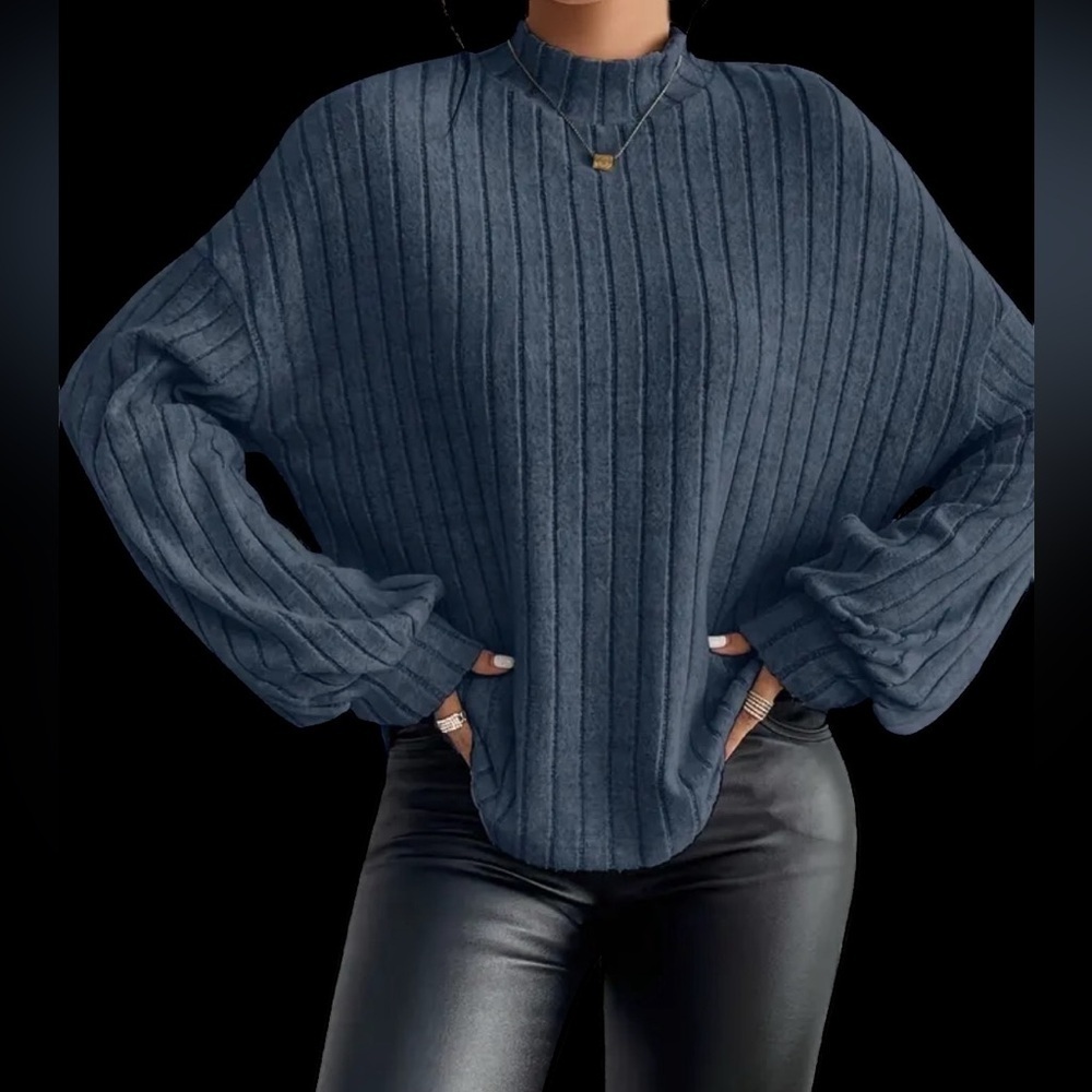 SHEIN Frenchy Blue Large Ribbed knit mock neck pullover  Sweater